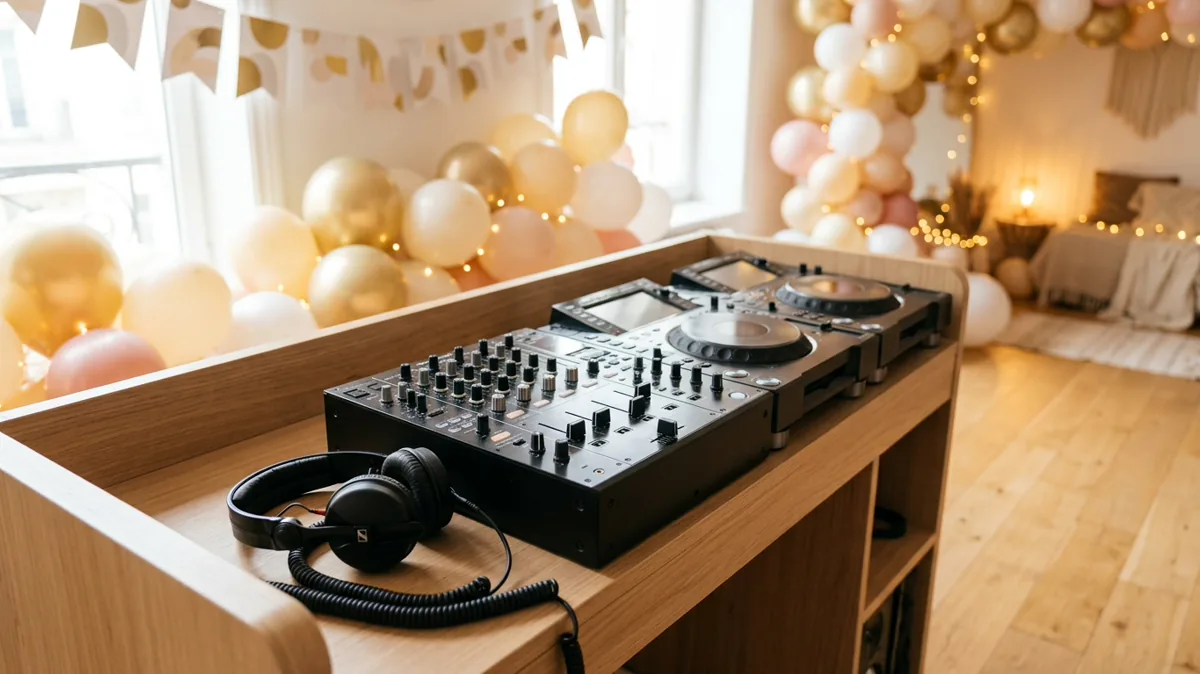 DJ-Pult mit Kopfhörern in einem festlich geschmückten Raum für eine Geburtstagsfeier