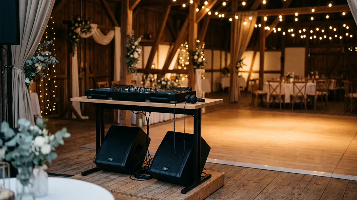 DJ-Pult mit Technik auf einer festlich beleuchteten Tanzfläche