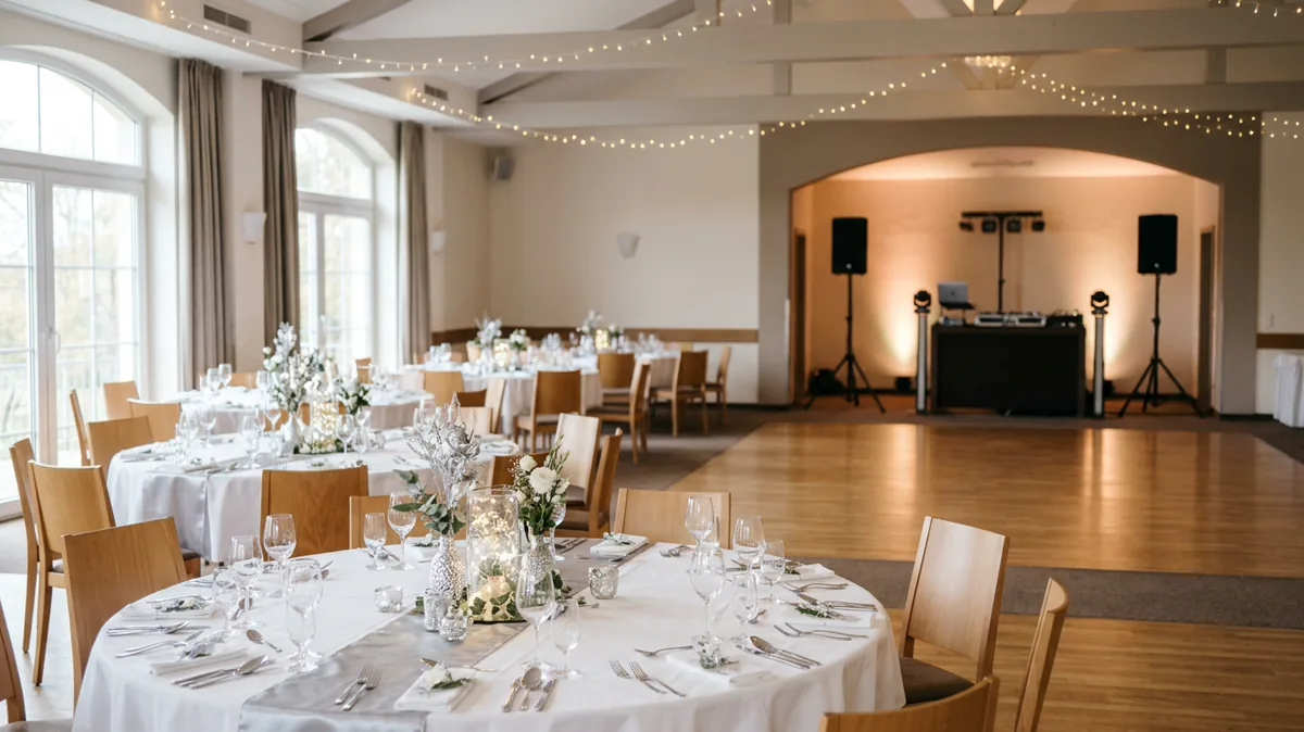 Festlich geschmückter Saal mit DJ-Pult und Tanzfläche für eine Silberhochzeit